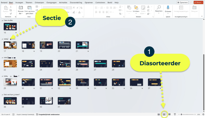 Screenshot van de diasorteerder in PowerPoint