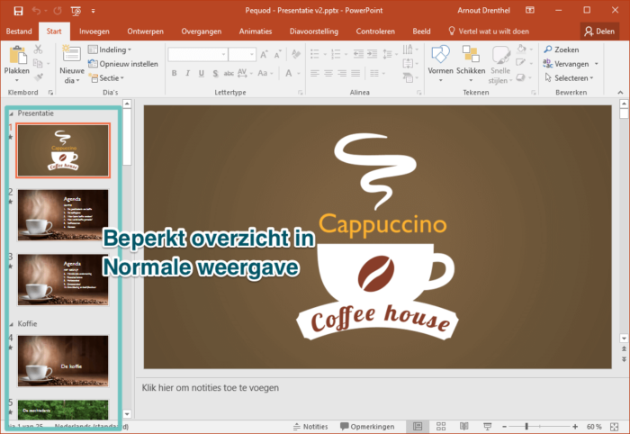 Screenshot van PowerPoint met de Normale weergave