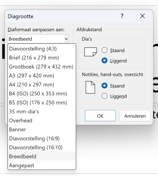 Screenshot van venster voor het instellen van de Diagrootte in PowerPoint, met verschillende keuzemogelijkheden voor het diaformaat.