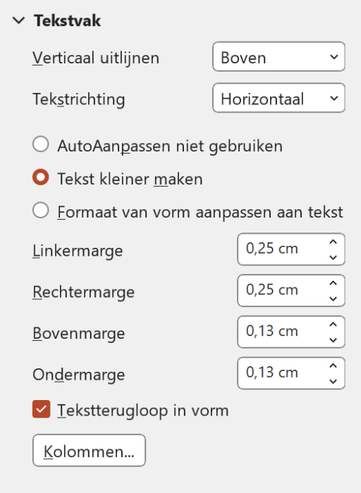 Screenshot uit PowerPoint met venster om tekstvak in te stellen 