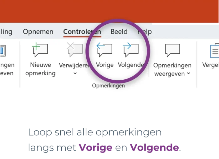 Screenshot PowerPoint (Windows): tabblad Controleren om opmerkingen toe te voegen