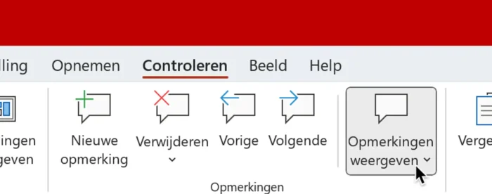 Screenshot PowerPoint: Controleren-tabblad met de knop Opmerkingen weergeven